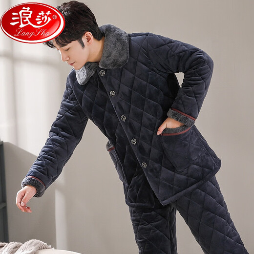 Langsha pijama para hombres de invierno terciopelo de coral de vela de tres capas de algodón engrosado en espesor de otoño e invierno Conjunto de ropa para el hogar cálido de franela C9913# negro gris negro