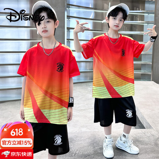 迪士尼（Disney）儿童男童短袖篮球服套装2025新款夏装运动球衣大童男孩速干训练服 蓝色 9905 120