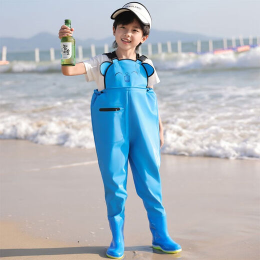 Raft core wading pants for children and girls, one-piece water-proof clothes for kindergarten, children's rain boots, men's fishing rain pants, children's suspenders (elastic waist design) (blue), one size fits all 1 piece 21-shoe inner length-14.5 cm