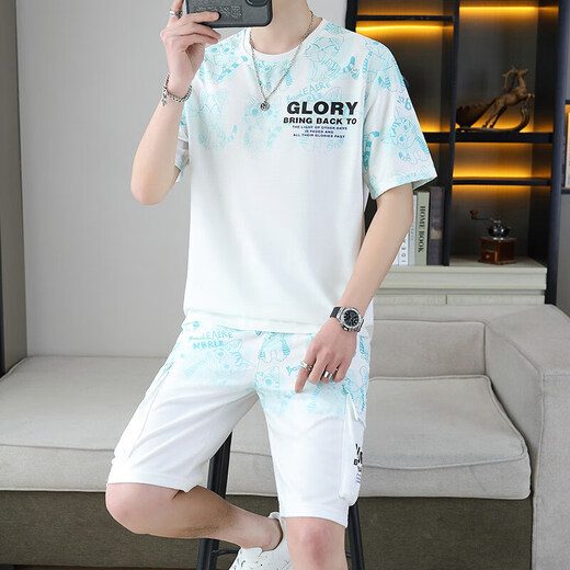 皮尔卡丹（pierre cardin）夏季新品男士短袖短裤一套韩版休闲T恤五分裤两件套青年套装运动 蓝色 6187-套装 M