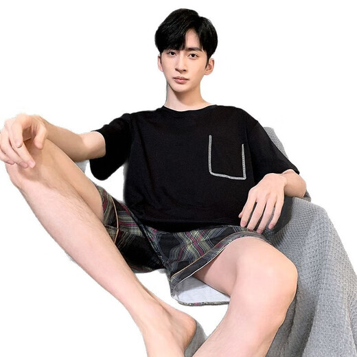 
Bangqi pajamas men summer short-sleeved shorts cotton teenagers junior high school student suit men's home clothes fat 4X HDE9928 L