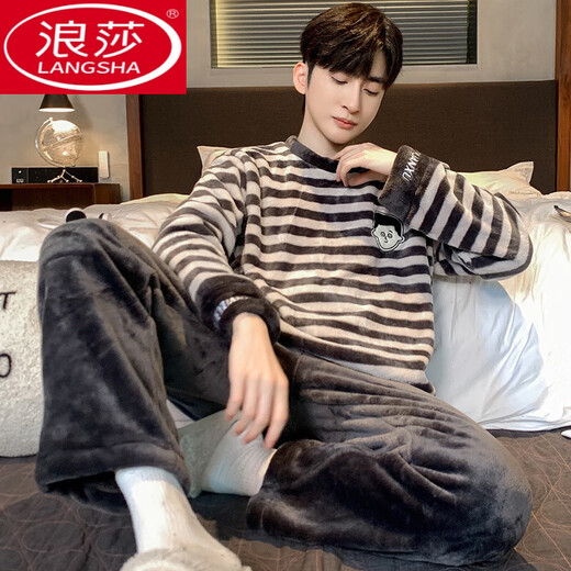 LangSha Coral Velvet Pajamas for men autumn and winter style plus velvet thickened warm set flannel men autumn home clothes K3889 L