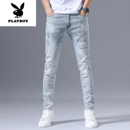 花花公子（PLAYBOY）夏季弹力牛仔裤男士破洞刺绣潮流修身小脚浅色百搭长裤子新品 浅蓝色3890皇冠破洞裤 29 【建议100-110斤】