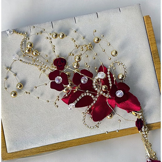 QBILY Bridal Headwear Burgundy Flower Earrings Set Tassel Hairpin Wedding Toast Clothes Xiuhe Accessories Headwear Burgundy Flower Hairpin + Earrings