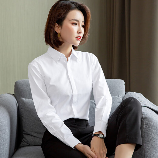 LA海澜之家（HLA）同款）春季女士长袖衬衫韩版修身暗门襟白色衬衣 15604蓝色斜纹V领 37