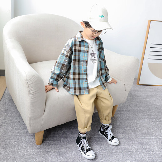 Duojia Boys' Plaid Long-Sleeved Shirt 2025 Spring and Autumn Model Korean Style Fashionable Children's Soft Waxy Top for Medium and Large Children