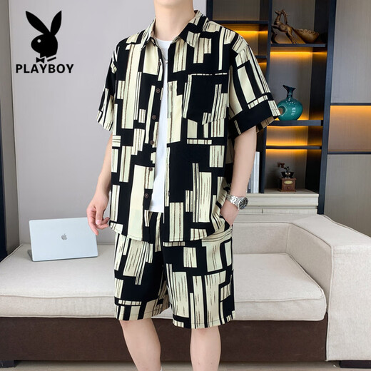 Playboy (PLAYBOY) high-end summer ice silk short-sleeved shirt suit for men casual sports beach half-sleeved shirt with shorts 679 meters white suit M 90-110Jin [Jin equals 0.5 kg]