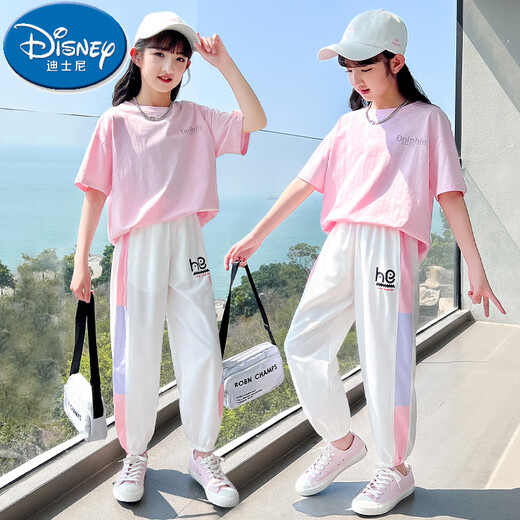 迪士尼（Disney）女童运动套装2025新款洋气时髦短袖儿童休闲夏季大童夏装女孩衣服 18209渐变9889白色 130 cm