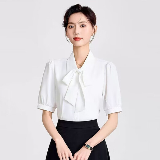 蓝色衬衫女夏季款蝴蝶结系带法式别致上衣面试穿搭小个子短袖衬衣 0159白色短袖【高品质免烫】 2XL (推荐130-140斤)