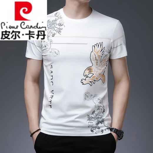 皮尔卡丹（pierre cardin）高端中国风老虎头潮流男士短袖T恤时尚印花大码男打底衫半袖宽松 829黑色字母 M 建议100-115斤内