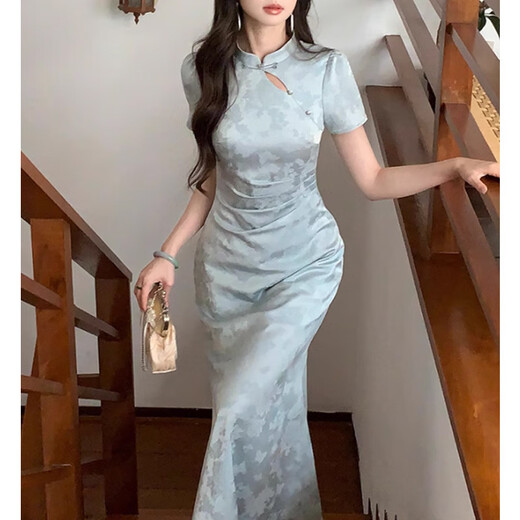 Plain brocade cheongsam new Chinese style high-end 2025 women's dress Chinese style republic of China medium and long engagement dress for women dark pattern jacquard literary cheongsam blue L recommended weight (100-130) Plain brocade cheongsam new Chinese style high-end 2025 women's dress Chinese style republic of China medium and long engagement dress for women dark pattern jacquard literary cheongsam blue L recommended weight (100-130)