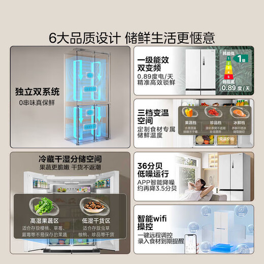 Midea 508L cross-door refrigerator dual system dual cycle sterilization and deodorization large capacity first-class energy efficiency air-cooled frost-free trade-in white BCD-508WSPZM (E) national subsidy