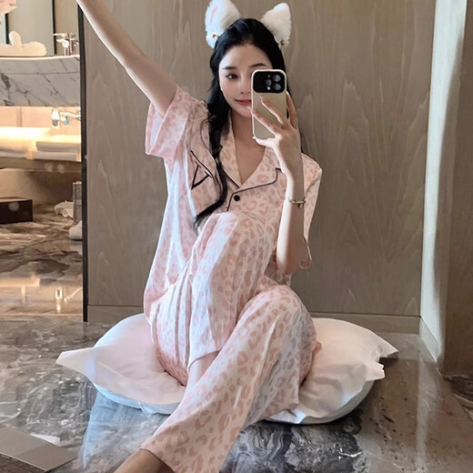 雅鹿2025新款豹纹睡衣女夏天薄款凉爽冰丝短袖长裤网红少女家居服套装 品牌YFY-9905【短袖长裤】 M 【建议80-100斤】