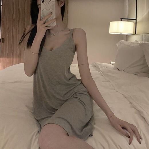 Sexy women's pajamas in summer new style with chest pad suspender nightgown for ladies pure slim and solid color student home clothes 686 gray suspender skirt [with chest pad] M [Suggested 95 Jin [Jin equals 0.5 kg]]