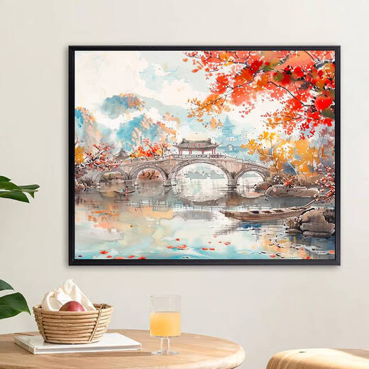 山头林村中式山水风景数字油画diy手绘画画填色感丙烯油彩涂色填充画 X9737 4050油画套餐+精品外框四色可选