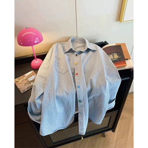 Xinnan blue striped long-sleeved shirt women's spring and autumn tops 2026 new loose design retro contrasting color coat shirt M size recommended 100-115 Jin Jin equals 0.5 kg