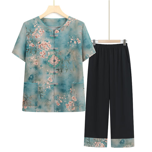 迪芙熙中老年人套装女装奶奶夏装短袖妈妈装夏季新款老人衣服老太 T6626蓝色[套装] XL 建议80-100斤