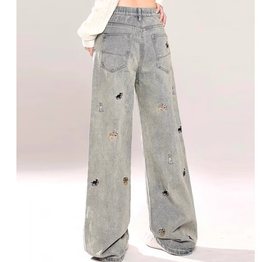 American high street jeans for women with large size trendy design embroidery high waist slimming loose straight wide-leg floor pants Blue L