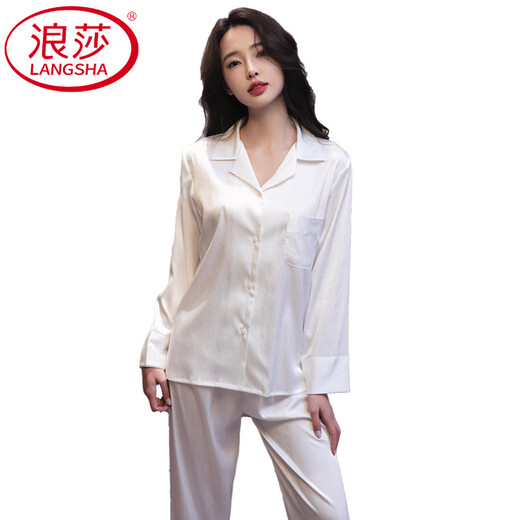 浪莎（LangSha）轻奢睡衣女春秋款开春高端冰丝感人字纹洋气长袖长裤真家居服 6623白色 M