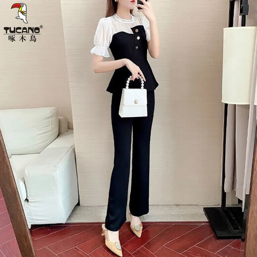 
Woodpecker 2025 new summer suit age-reducing chiffon splicing two-piece fashion celebrity temperament goddess style professional suit women fashion black top + pants two-piece set [short/sleeved] S S suggested 80-95Jin [Jin equals 0.5 kg]