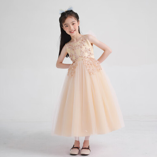 Carrot Beibei Children's Princess Dress Puffy Mesh Dress Skirt Girls Long Wedding Dress Piano Performance Costume Champagne 170