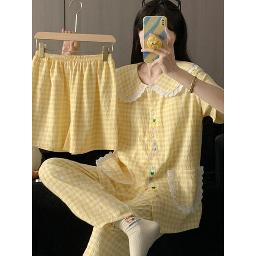 Velvet ártico Ropa para el hogar de gran tamaño para mujeres 2025 Nuevo verano Papelado de manga corta Sweet Princess Fengyunduo Pajamas Conjunto de tres piezas H9923 Frog Tear [estilo de solapa pequeña] M