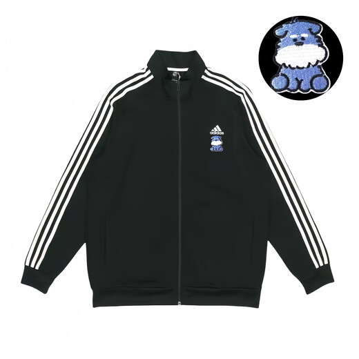 阿迪达斯 （adidas）定制服装 刺绣蓝色小狗条纹运动立领飞行员夹克外套 男女同款 黑 黑色 S