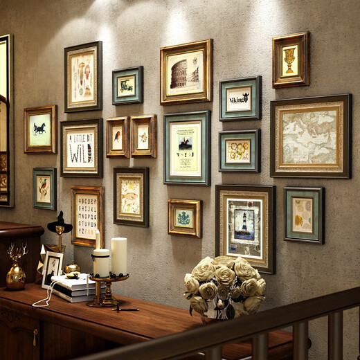 Hualeji Amerikaner massives Holzfoto Wand, ohne Fotorahmen Wandhänge Kombination Wohnzimmer Esseingang Eingang Europäische Retro-TV-Sofa 6198 Massivholz zweifarbig gemischte Kombination 23 Rahmengröße