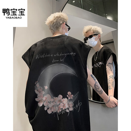 鸭宝宝美式潮流ins印花背心男夏季2024新款休闲情侣坎肩宽松圆领无袖T恤 H9904-黑色 M