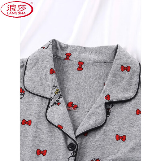 浪莎（LangSha）韩版ins简约凯蒂猫三件套装睡衣女夏季爆款短袖开衫家居服可外穿 KK-14124【高质量三件套】 M 【建议80-100斤】