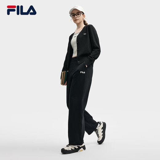 FILA official women's braided jacket 2025 autumn new fashion casual and comfortable V-neck sweater cardigan, black - BK 2XL 180/96A/XXL