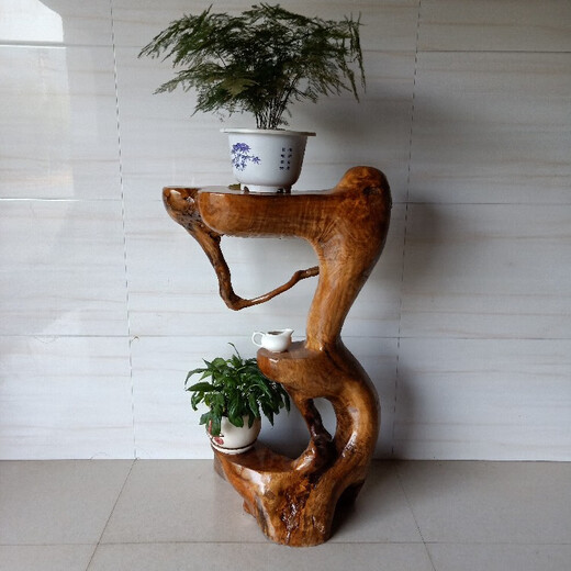 根雕花架阳台盆景架多层整体实木头树根中式天然原木底座客厅 深灰色 12147多层一体