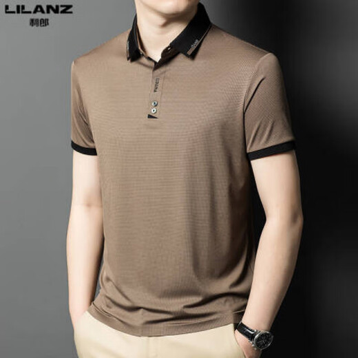 
Lilang 2025 new Lilang men's short-sleeved T-shirt summer ice silk lapel top middle-aged business casual POLO shirt brown 13573 M 165
