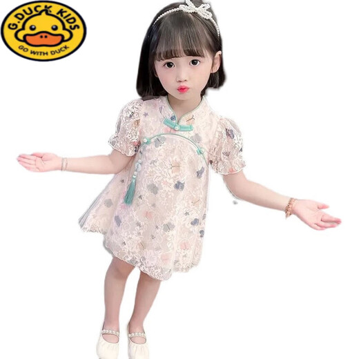 G.DUCKKIDS女童旗袍古风连衣裙夏季2025新款儿童装网红女宝宝中国风夏装汉服 蕾丝旗袍裙 白色 120 cm 建议身高105cm