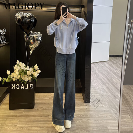 Magiopy International Luxury High-End-Marke Casual Sports Set Frauen 2025 Spring Fashion Cardigan Pullover Wide Legs Denim Hell Blue Pullover + Jeans S (100jin [Jin Equals Equals gond 0,5 kg])