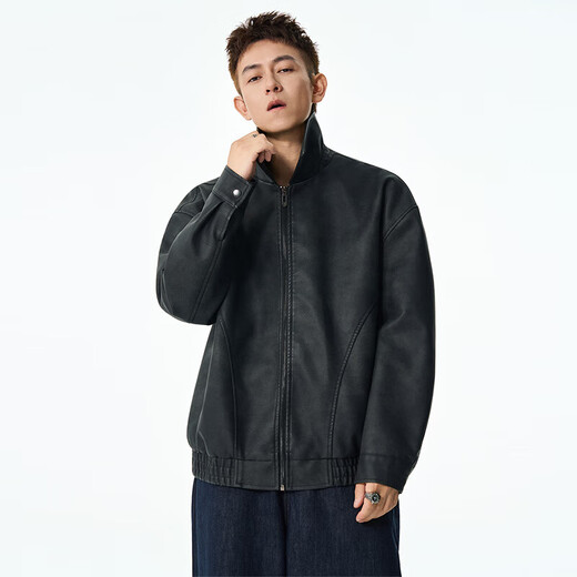 American trendy brand retro PU leather jacket with spliced lapel jacket for men, spring and autumn loose and versatile casual jacket, black M