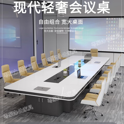 Litang oval conference table long table light luxury high-grade white PET paint technology sense conference room table and chair combination simple 3.0 meters + 10 chairs upgraded PET paint technology