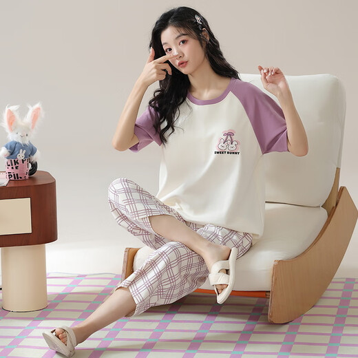 
Arctic velvet pajamas for women in summer pure cotton V-neck short-sleeved cropped pants loose and casual can be worn outside spring home clothing suit T-9854 (short suit) M (80-100Jin [Jin equals 0.5 kg])