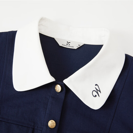 Xiangying French navy style waist-closing dress for women 2025 autumn new long-sleeved lapel navy temperament skirt Navy blue M 160/84A/95-110Jin[Jin equals 0.5 kg]