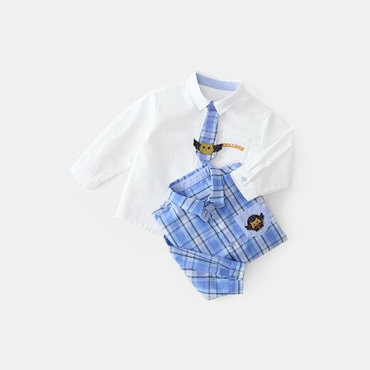 Qiqi Bear Baby Shirt Boys College Style Plaid Shirt Baby Kindergarten School Uniform New Coconut Milk White 90