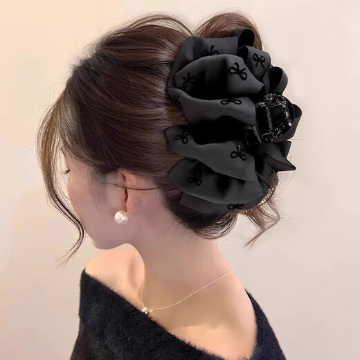 Two Worlds Black Bubble Bow Clip Women's Back Head Hair Clip High-end Large Shark Clip Suitable for Hair Volume Black Bubble Bow Main Picture Style