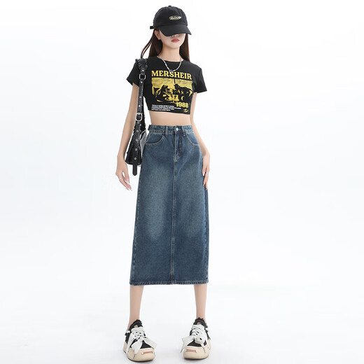 
Jean-Vis denim skirt for women 2025 summer new high-waisted slim slit a-line mid-length retro hip skirt for women 3878 retro blue S