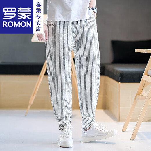 罗蒙（ROMON）裤子男夏季潮牌国潮运动长裤束脚哈伦条纹男裤休闲裤亚麻九分裤 白色 XL 125-140斤