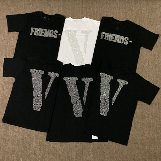 Vlone Back-Hot Diamond Big V Kurzärmelte P0P Up Guerilla Store Limited Style Männer und Frauen-Strass-Steinpaar T-Shirt 6198 Schwarz S