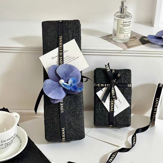 High-quality stone grain paper, black large size gift wrapping paper, cigarette box decoration material, high-grade pleated feel for boyfriend, blue Phalaenopsis + 1 meter black ribbon