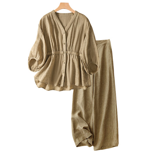 皮尔卡丹（pierre cardin）高端亚麻棉麻套装女士妈妈夏装大码时尚洋气苎麻上衣阔腿裤两件套 马3FC063#6621藏青色上衣 M 【建议95-115斤】