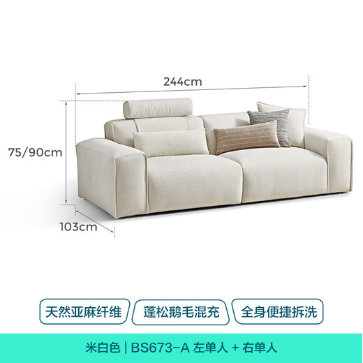 Lin's Home Furnishing Tofu Block Fabric Cloud Sofa Living Room 2025 New Cream Style Small Apartment Cotton and Line Removable Washable BS673 [2.44m] Natural Line (including Cloth Cover)