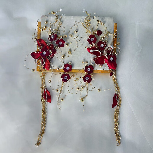 QBILY Bridal Headwear Burgundy Flower Earrings Set Tassel Hairpin Wedding Toast Clothes Xiuhe Accessories Headwear Burgundy Flower Hairpin + Earrings