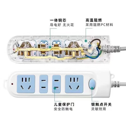 公牛王纯铜多功能插座带长线学生宿舍10米接线板带线开关多孔拖线 公牛蓝白7孔 总开关带2米线加厚