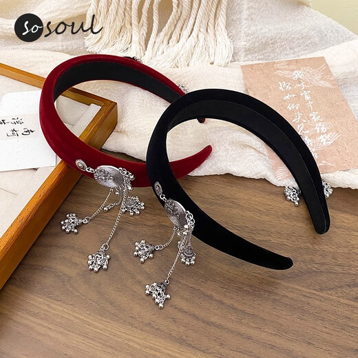 Four Seasons Velvet 2025 New New Chinese Style Silver Rattle Headband Ethnic Style Tassel Bell Temperament Headband Hair Bundle Caramel Velvet-Double-sided Gold Tassel Headband Hem